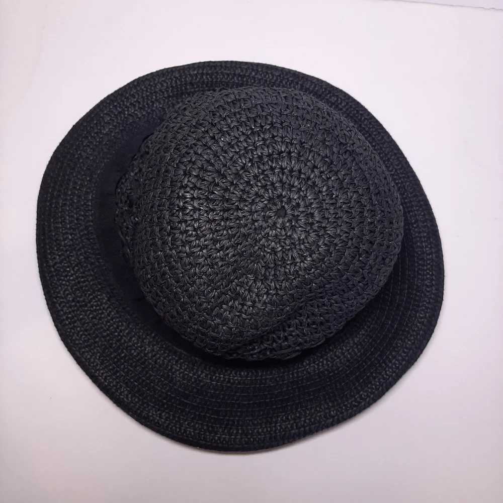 VINTAGE 90s Y2K Woven Straw Bucket Hat Ribbon Detail Retro Trendy